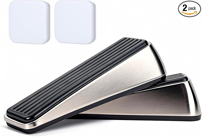 2 Pack Door Stoppers,Zinc Alloy Door Stop with Anti-Slip Rubber Base,Heavy Duty Door Wedge for Bottom of Door,Door Holder to Keep Open,Includes Silencer Pads,Silver