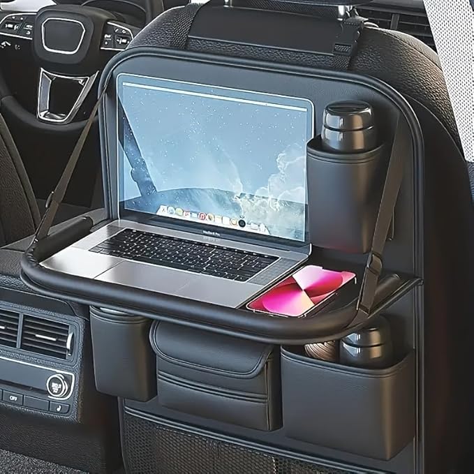 Mautopily Car Backseat Organizer with Foldable Table Tray - Universal Auto Seat Back Organizer with Tablet Holder, Kick Mats Protector, Storage Pockets for SUV Sedan