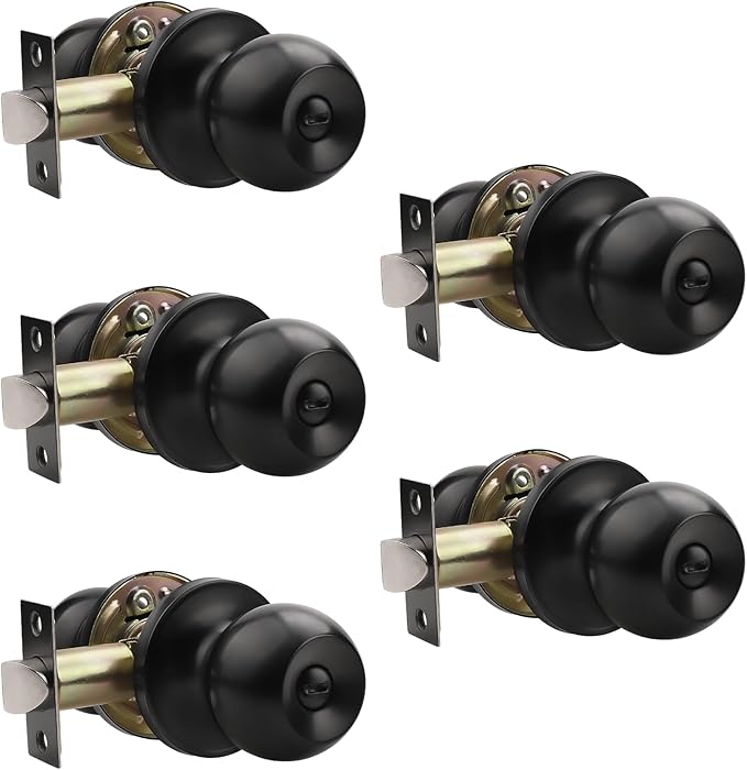 Knobonly 5 Pack Privacy Door Knobs Matte Black, Keyless Door Knobs Interior for Bedroom and Bathroom, Round Door Handles Stainless Steel, Classic Design