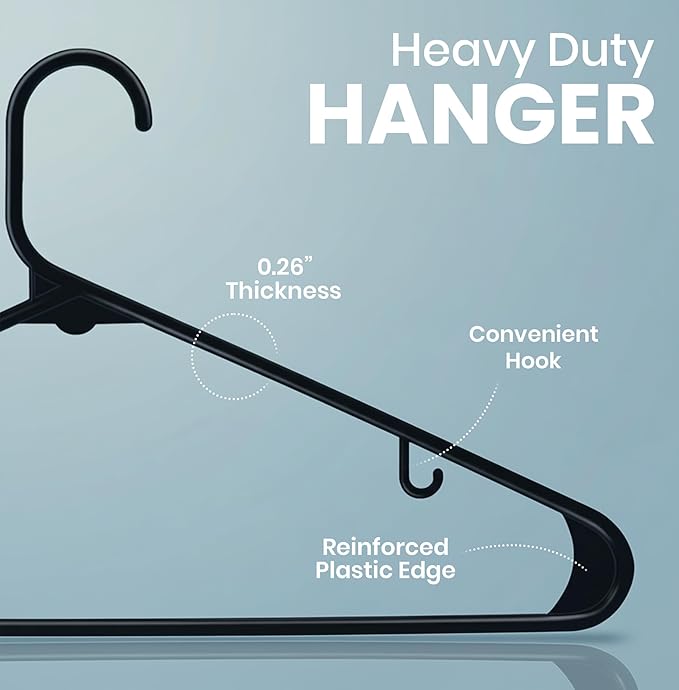 Utopia Home Plastic Hangers 100 Pack - Space Saving Clothes Hanger - Durable & Strong Closet Organizers and Storage with Built-in Strap Hooks - Essential for Shirts, Pants, Skirts & Coats (Black)