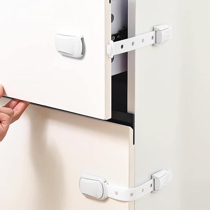 Cabinet Locks Baby Proofing - 2Pcs Adjustable Childproof Drawer Latches Child Safety Cabinet Lock Straps with 3M Adhesives No Drill Multi-Purpose Safety Straps for Furniture Kitchen Ovens Toilet Seats