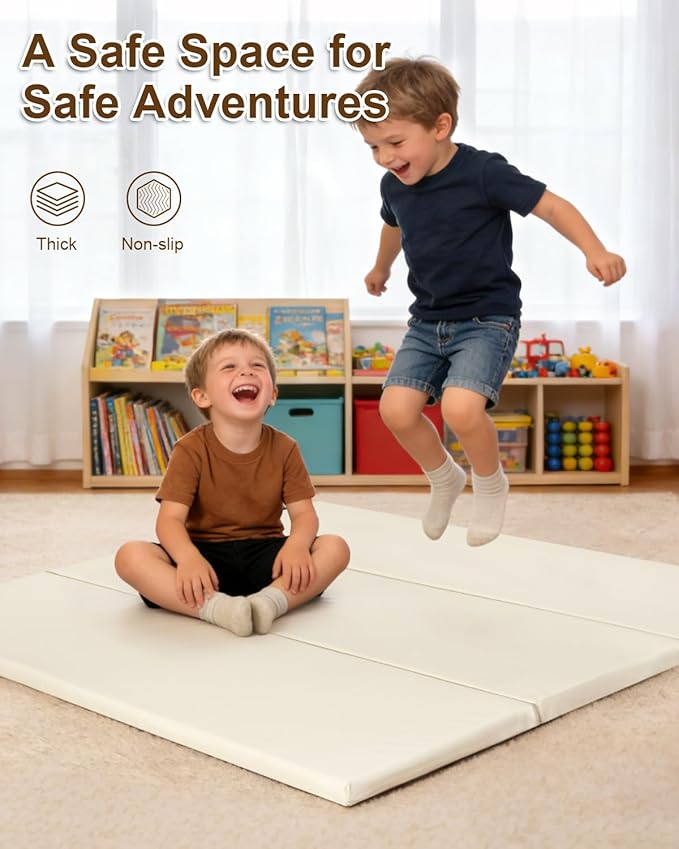 SEPARO Thick Trifold Baby Play Mat,Soft Vegan Leather 47x47 Play Mat for Playpen,Foldable Tummy Time Foam Floor Mats,Waterproof & Wipe-Clean for Toddler,Kids & Infants Playroom,Beige