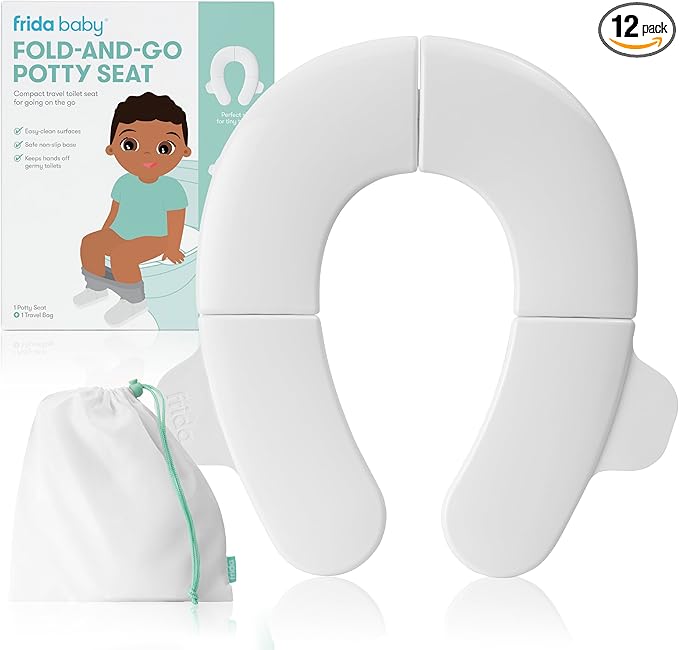 Frida Baby Fold-and-Go Portable Potty Seat for Toilet,Foldable Travel Potty Seat for Toddler,Fits Round & Oval Toilets,Non-Slip Base,Handles,Includes Free Travel Bag,(Pack of 12)