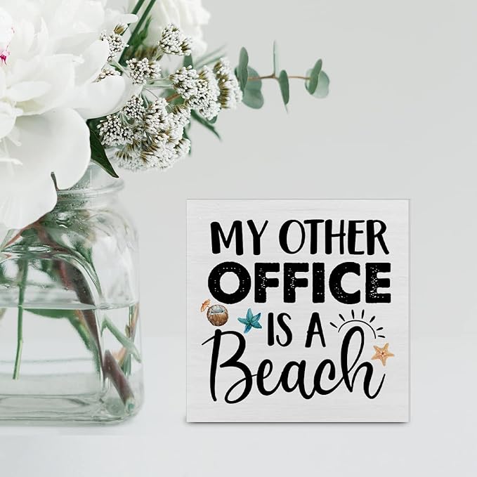 My Other Office is a Beach Wood Box Sign Decor Desk Sign Beach Wooden Box Block Sign Summer Signs Farmhouse Home Shelf Wall Decoration
