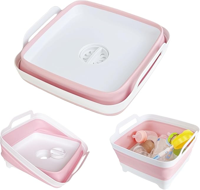GIMWA Collapsible Wash Basin with Drain Plug - 2.4 Gallon Foldable Kitchen Sink for Baby Bottles, RV Camping, Space-Saving Dish Tub (Gray-Pink)
