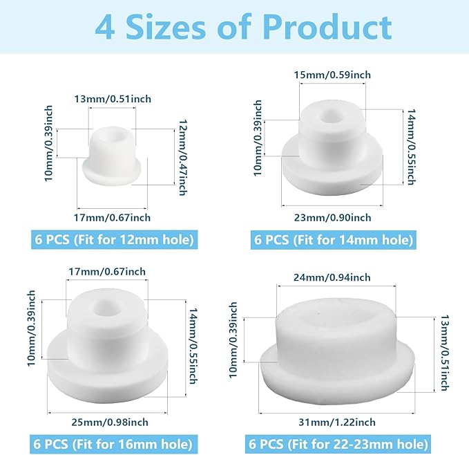 24 PCS Bathtub Jet Covers Silicone Hole Plug White Tube Plugs 4 Sizes Waterproof Bathtub Plug Fit for 12mm 14mm 16mm 22-23mm Bathtub Hole