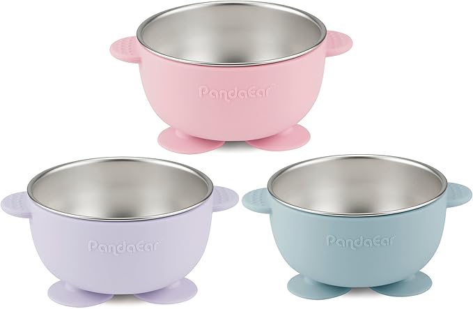 PandaEar 3 Pack Baby Stainless Steel Bowls with Suction, Non-Slip Child Food Bowl with Silicone Sleeve for Kids Toddlers Infants, Extra Strong Base, BPA free