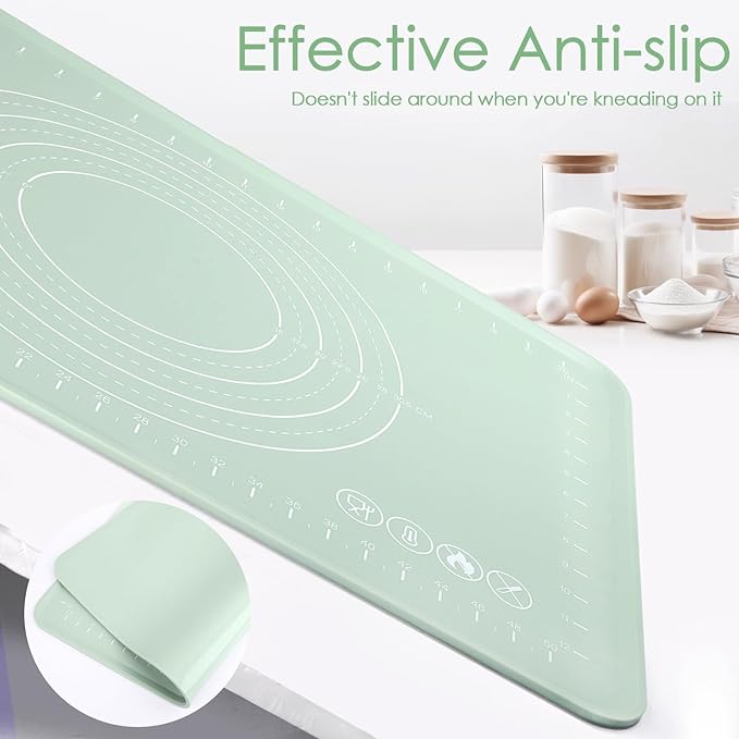 Silicone Pastry Mat, Non Slip Dough Mat with Measurements and Raised Edges, Food Grade Silicone Countertop Baking Mat for Rolling Dough, Kneading Bread, Cookies, Pizza, Pie Crust