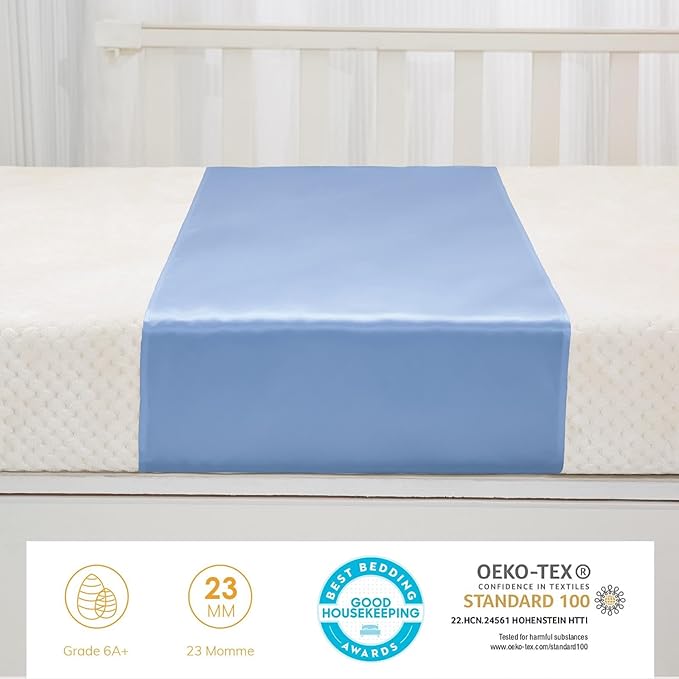 PROMEED 100% Mulberry Silk Crib Sleeve for Baby Hair Loss Prevention, Premium 23 Momme Natural Silk Bassinet Slip for Bassinets/Cradles/Cots/Cribs (Light Blue)