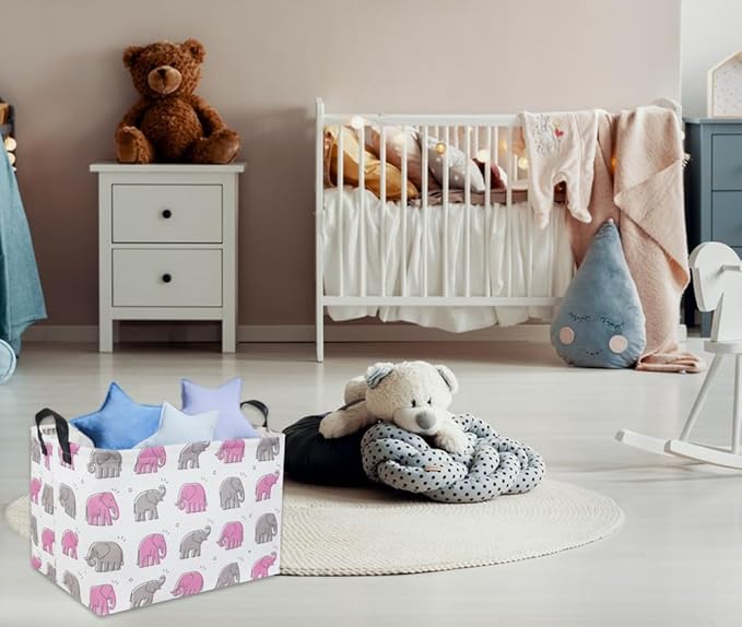 TIBAOLOVER Elephant Baby Storage Bin Pink Elephant Decor for Girls Room Toy Shelf Gift Basket (Rectangular Shape, Handles for Easy Carry)