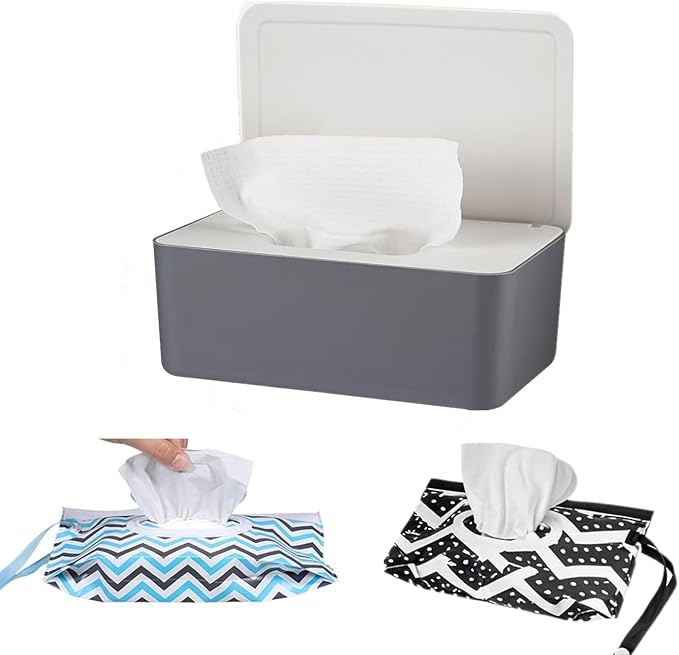 HFHungkeong Wipes Dispenser with 2Pcs Portable Refillable Wipe Holder,Reusable Large Wipe Holder Box Flushable Wipes Case Bathroom Wipes Container for Pet Nursery Kitchen Office Counter(Grey-White)