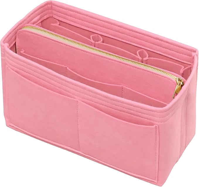 Purse Organizer Insert with Zipper Felt Bag Organizer Handbag Organizer Insert Bag in Bag Organizer with Key Chain for Tote Purse Bag Pink Large