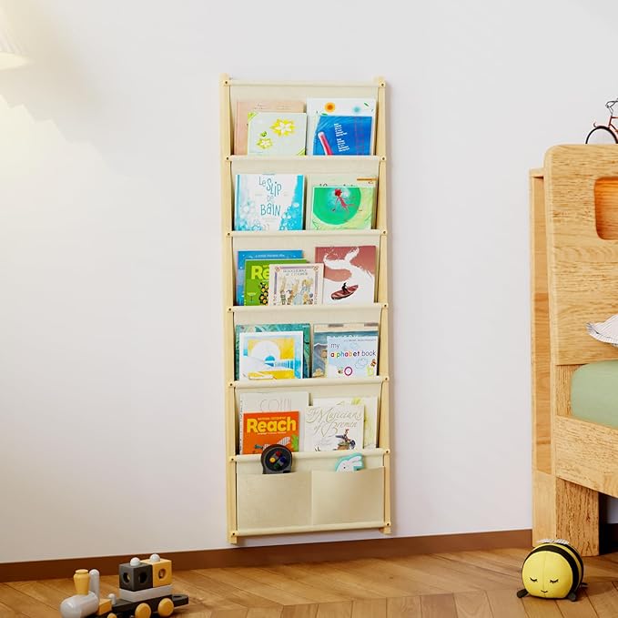 Wood 6-Tier Wall Mounted Kids Bookshelf – Floating Book Shelf For Kids Rooms,Nursery & Classroom, Hanging Bookcase Organizer For Books,Toddler Book Shelf, Montessori Bookshelf, Nursery Shelves