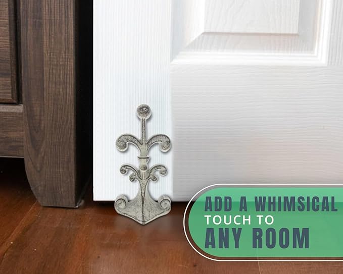 Comfify Fleur De Lis Cast Iron Door Stop – One Decorative Wedge with Felt Bottom – Rustic White Antique Finish – 4" x 3.5" x 7.75"