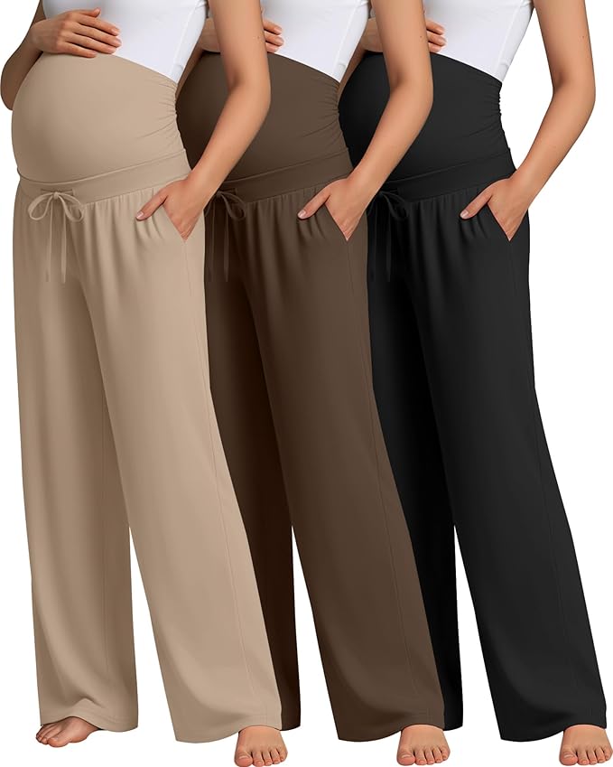 3 Pcs Maternity Sweatpants Over The Belly Pregnancy Straight Wide Leg Elastic Drawstring Pants Joggers with Pockets