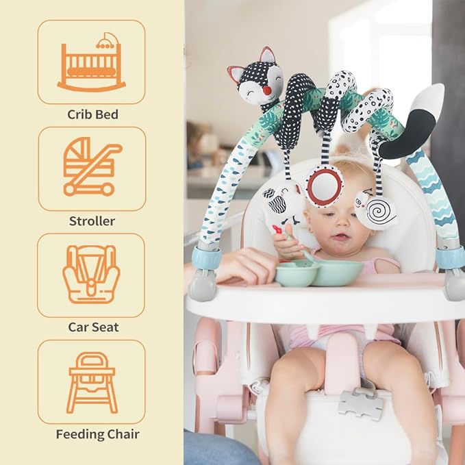 Baby Stroller Arch Toys, Black and White Hanging Toy Activity Set, Stretch & Spiral Adjustable Clamp for Cribs & Car Seats, Includes Rattles, Squeaker & Teether for Newborns and Infants (02)