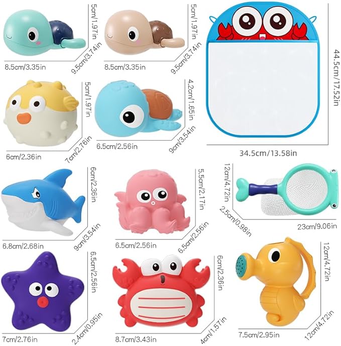 XAWACAH Bath Toy for Toddlers 18 Months, No-Hole Bathtub Toys with Baby Bath Animals, Wind-Up Turtles, Fishing Net & Storage Bag, Floating Toys for Toddlers 1-3 Year Old Boys Girls (11 Pack)