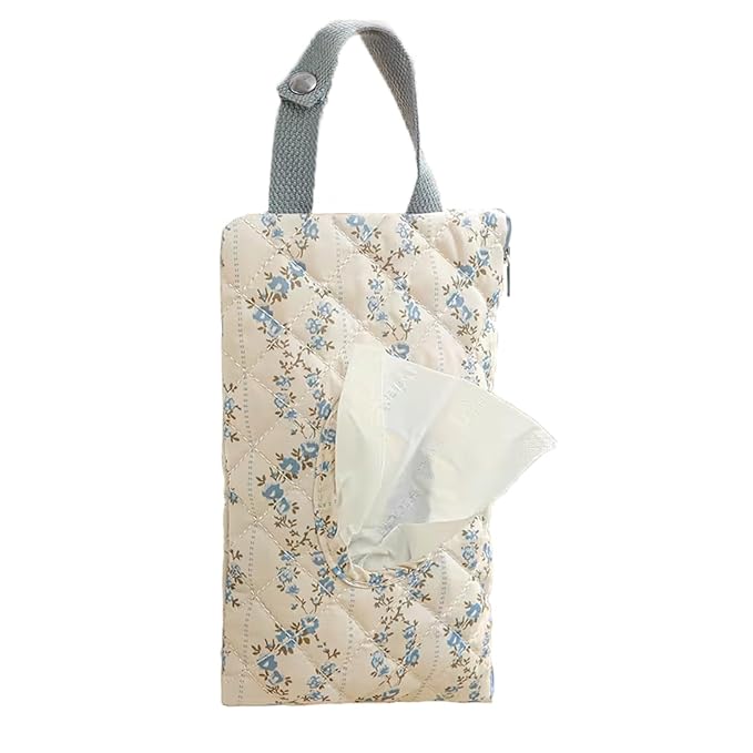 Quilted Baby Diaper and Wipes Pouch Portable Mommy Bag for Stroller Reusable Wipes Pouch with Lanyard for Casual Travel (Blue Flower)