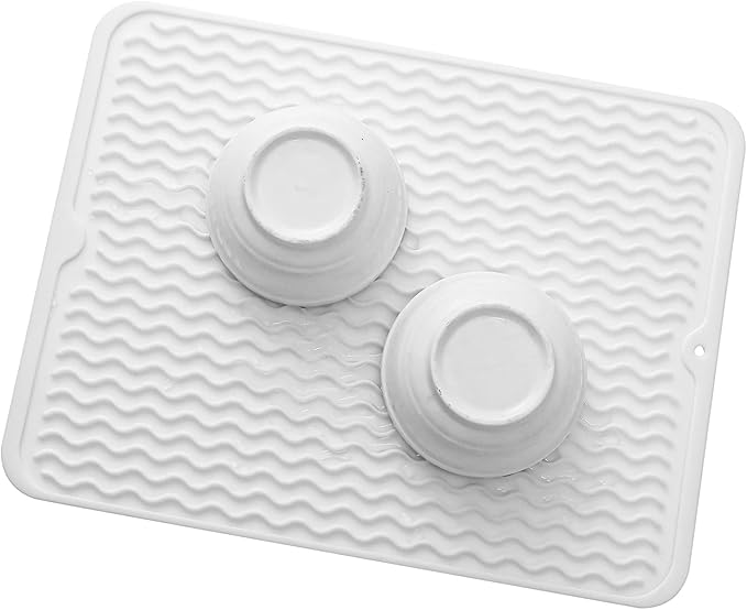 MicoYang Silicone Dish Drying Mat for Multiple Usage,Easy clean,Eco-friendly,Heat-resistant Silicone Mat for Kitchen Counter or Sink,Refrigerator or drawer liner White L 16 inches x 12 inches