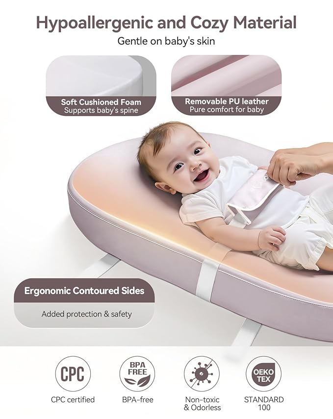 COMOMY Baby Changing Pad with Wipeable & Waterproof PU Cover, Contoured Diaper Changing Pad for Dresser with Non-Slip Safety Belt, Portable and Lightweight, Large Cushioned Foam, Lavender