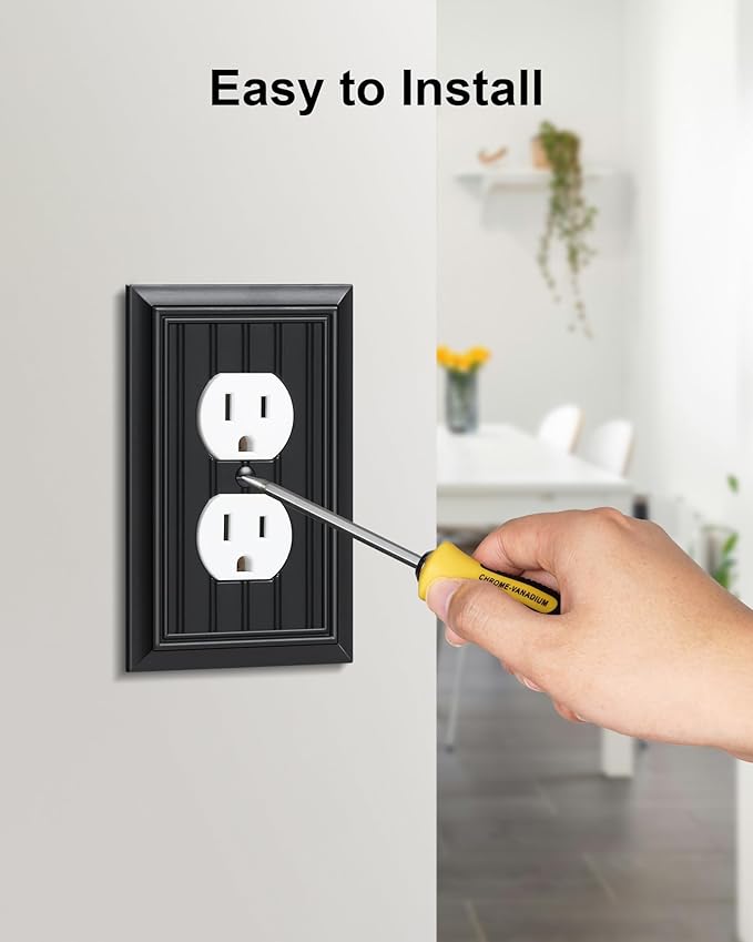 2-Pack Classic Beadboard Duplex Outlet Cover Plate, Decorative Matte Black Switch Plates and Outlet Covers, Natural Bamboo Fiber Wall Plates for Electrical Outlets, 1 Gang Receptacle Cover