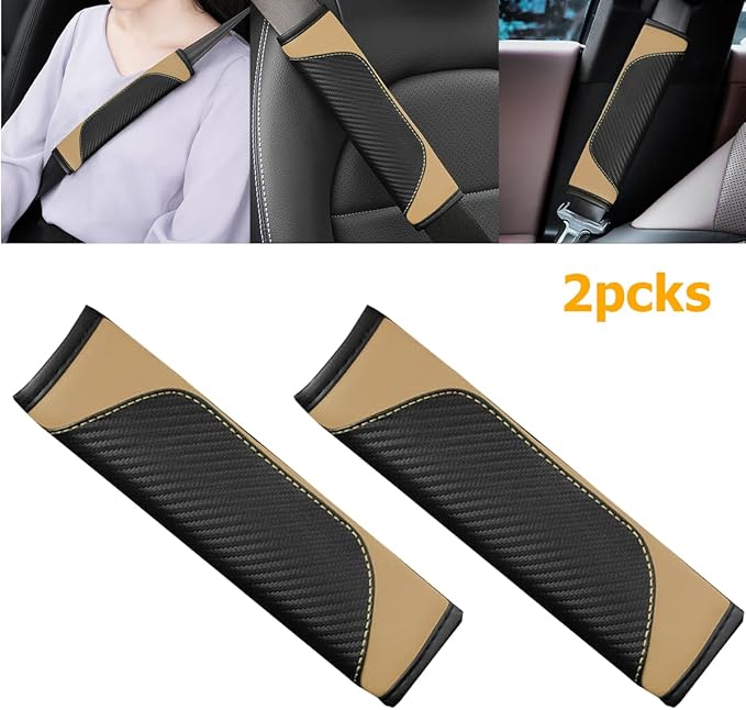 2PCS Car Seat Belt Cover, Carbon Fiber Seatbelt Shoulder Protection, Soft Car Seat Belt Strap Cushion Protect Your Neck and Shoulder, Car Accessories Seat Belt Pad for Car Truck (Beige)
