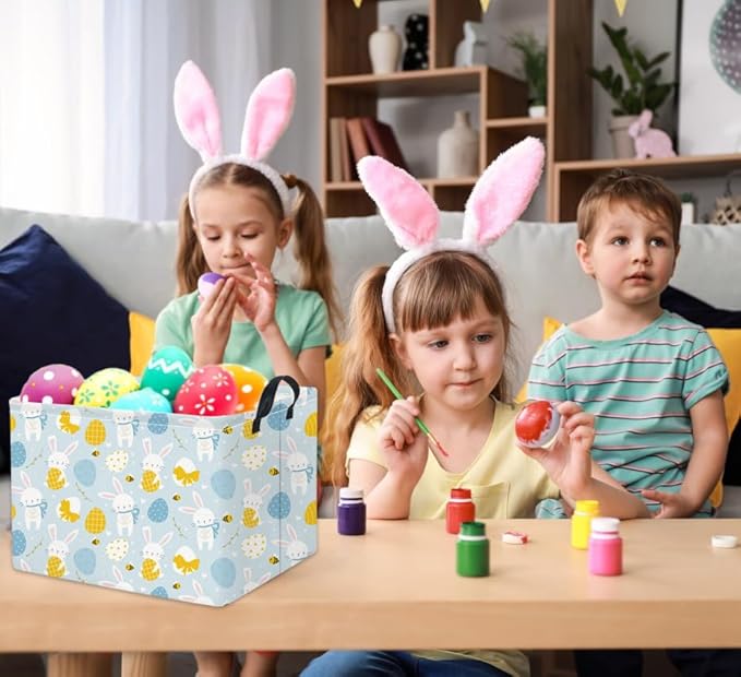 TIBAOLOVER Rectangular Easter Basket Kids Storage Basket Gift Basket Baby Storage Basket Cute Kids Toy Storage Bin Organizer Shelf Book Basket Room Decor(Blue Easter Bunny)