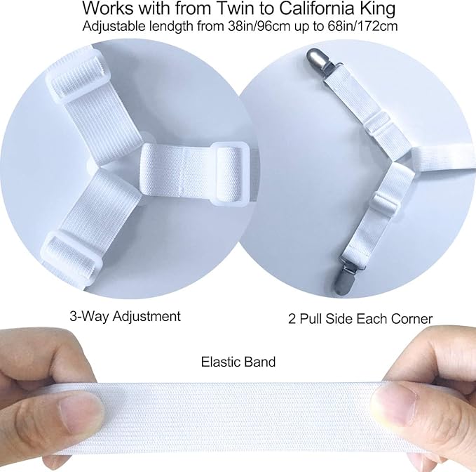 Siaomo Bed Sheet Fasteners Straps - 2 Way Adjustable Crisscross Sheet Corner Holder Straps Clips Gripper Elastic Sheet Band Suspenders Fasteners(2 Set/4Pcs, White)