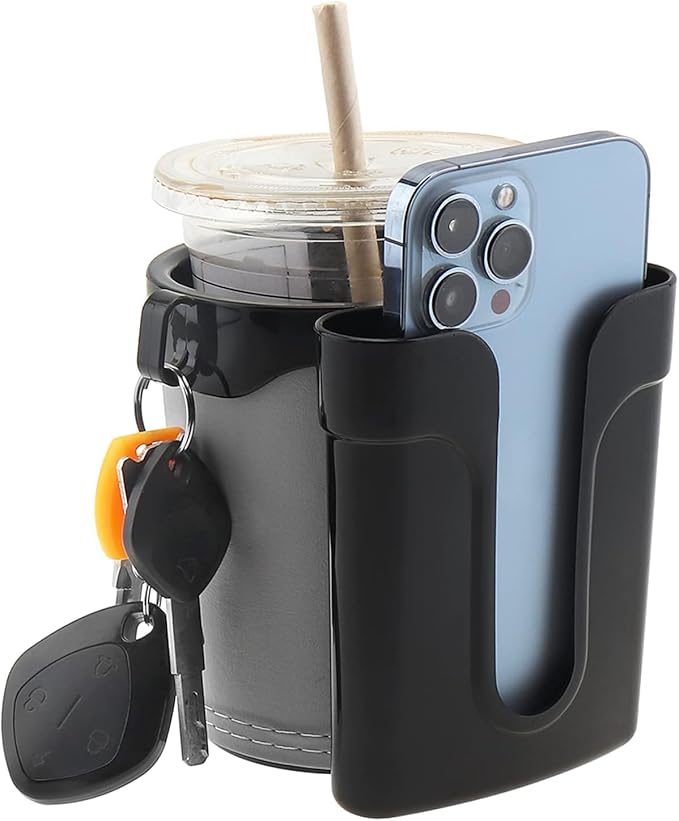 Tobefore Bike Cup Holder ABS+PU Leather with Phone Mount and Keys Hook，Adjustable Drink Holder for Bicycle Handlebar,Universal Coffee Holder for Bicycle, Wheelchair, Scooter and Walker(Black Gray)