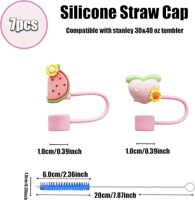 7Pcs 10mm Flower Fruit Straw Cover for Stanley Cup,Dust-Proof Straw Topper for 30&40 oz Tumblers and Water Bottles,Reusable Tumbler Cup Accessories for Stanley，Funny Gifts for Women & Girls