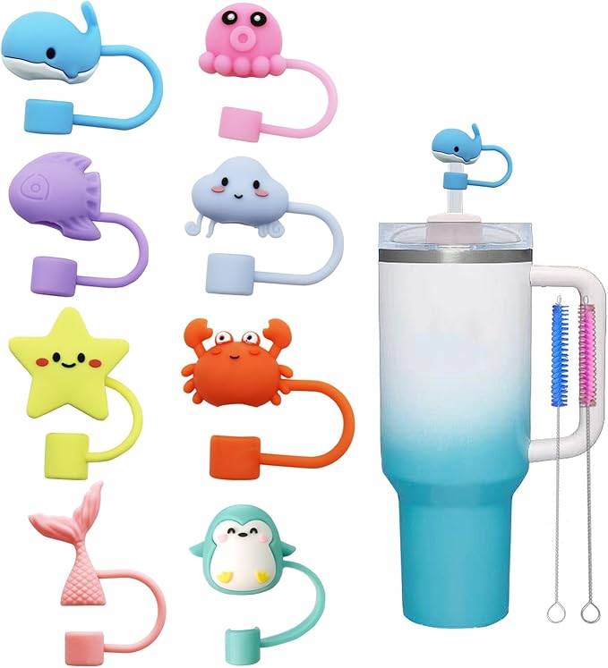 8Pcs Cute 10mm Marine Animal Straw Covers Cap for Stanley Cup,Silicone Straw Toppers Compatible with Stanley 30&40 Oz Tumblers with Handle, Dust-Proof Reusable Lids Tumbler Cup Accessories