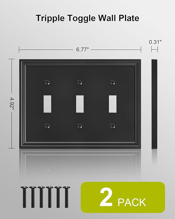 2-Pack Triple Toggle Light Switch Cover Plate, Black Decorative Switch Plate Covers, Natural Bamboo Fiber 3 Gang Wall Plate, Corrosion Resistant