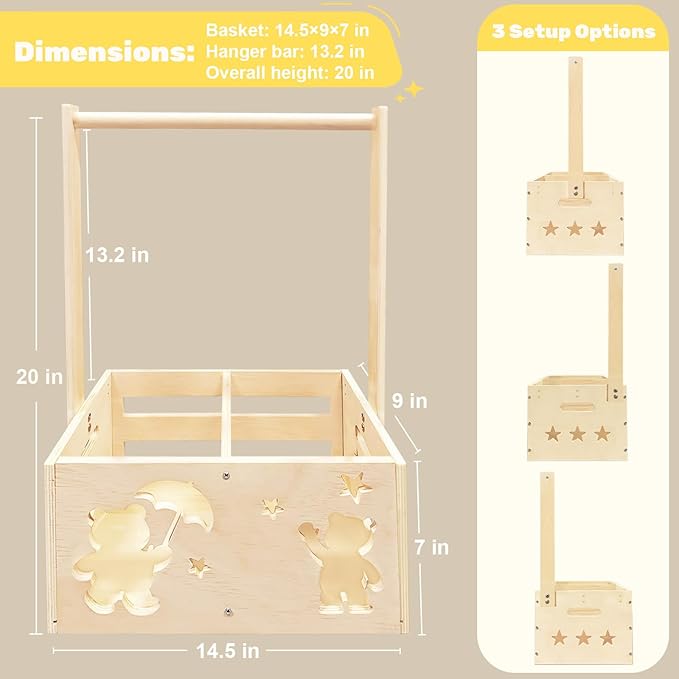 Wooden Baby Shower Crate Closet with Hanger Rack, Baby Shower Basket, 6 Baby Hangers, Removable Divider Board, Greenery Garland, Tools, Nursery Storage Organizer, Boys & Girls