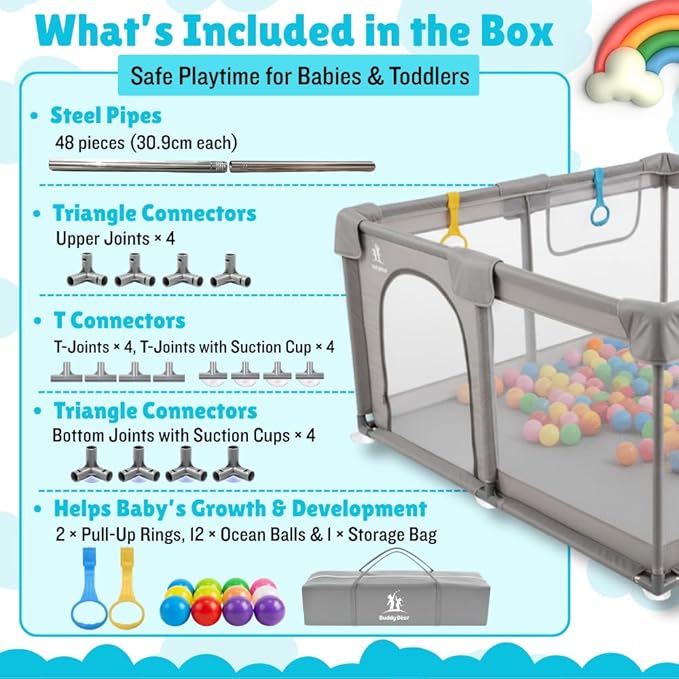 Baby Playpen for Babies & Toddlers, Large Playpen with Breathable Mesh, Anti-Slip Suction Cups, Zipper Door, Portable Indoor Outdoor Baby Play Yard with Balls & Storage Bag
