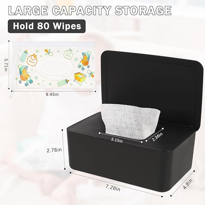 Diaper Wipes Dispenser Wipes Holder, Wipes Tissue Case Keeps Wipes Fresh Tissue Wipes Container with Lid (Black)