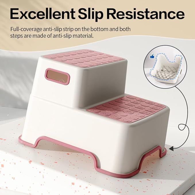ZLMHYYM Toddler Step Stool for Bathroom Sink, 2 Pack Step Stool for Kids, Plastic Potty Training Toilet Stepping Stools, Child and Baby Lightweight&No-Slip Two Step Stools for Kitchen(Off-White/Pink)