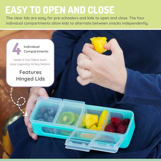 melii Snackle Box | 4 Compartment Divided Snack Container with Individual Lids, Kids Lunch & Travel Food Storage Organizer, BPA-Free, 2-Pack (Blue + Mint)