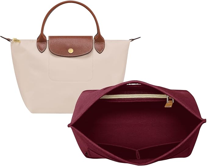 OPPOSHE Purse Organizer Insert for Longchamp Le Pliage, Premium Felt Long Champ Bag Handbag Women, Tote Organizer Insert with 6 Compartments (Small, Dark Red)