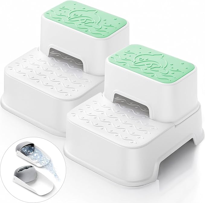 2-Step Stool for Kids - Toddler Anti-Slip Step Stool for Bathroom Sink/Toilet Potty Training/Kitchen Counter, 10" Height, 220 lbs Capacity, Durable & Stable (2Packs Green)