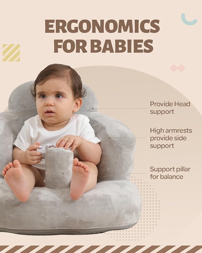 AGITVPS Velvet-Covered Inflatable Baby Seat with Built-in Pump | A Supportive Bumbo Seat for Babies 3-36 Months | Perfect for Learning to Sit, Feeding, Floor Time & Camping (Velvet Pillar-Gray)