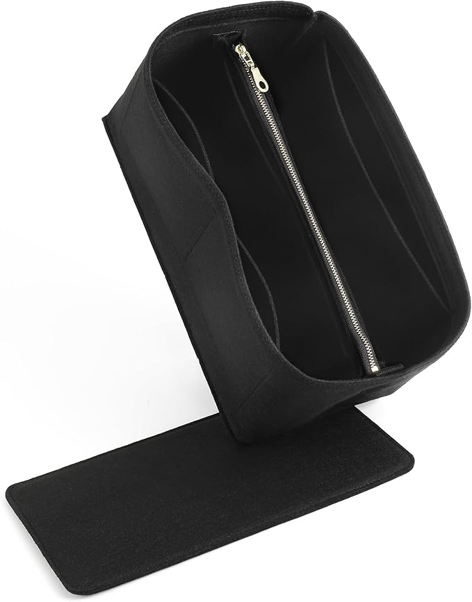 Doxo Purse Organizer Insert for Handbags & Base Shaper 2pc Set with Zipper, Felt Bag Organizer for Tote, Purse Organizer for LV Speedy 25, Neverfull PM, Le Pliage S Handbag and More(Black-006)