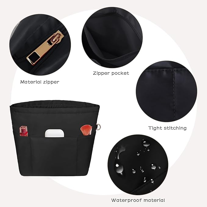 Vercord Purse Insert Organizers for Petite Tote Bag Organizer Insert Inside Handbag Shaper with Zipper Black Mini