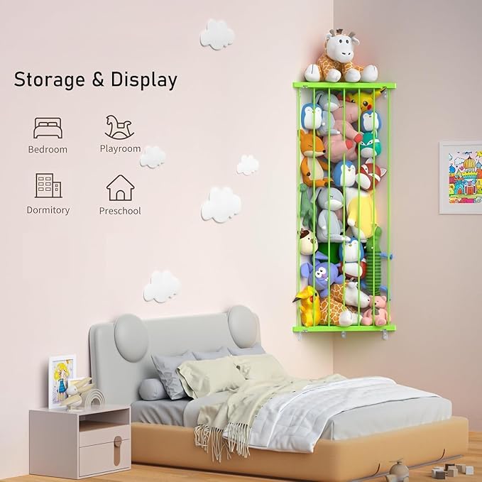 Stuffed Animal Storage Corner Organizer- Stuffed Animal Holder with Length Adjustable - Wall Plush Storage Hanging Stuffed Animal Net for Wall (Green, Standard)