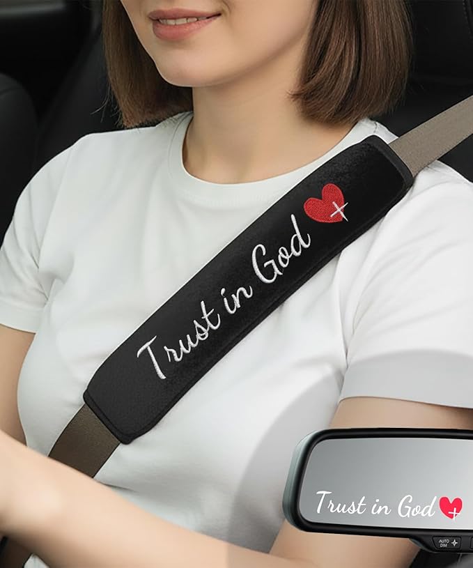2 Pack Car Seat Belt Cover Pad with 3 PCS Trust in God Rearview Mirror Stickers,Soft Seatbelt Cushion Covers, Christian Car Accessories Gifts for Women and Men