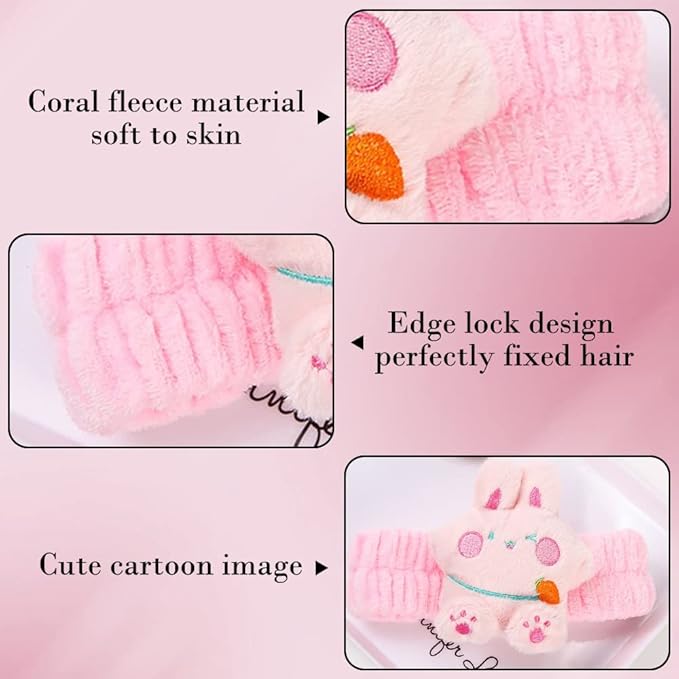 PERFECTSIGHT Kawaii Spa Headband Set, 2 Pack Cute Soft Coral Fleece Makeup and Skincare Headbands for Women and Girls' Face Washing and Facial Care