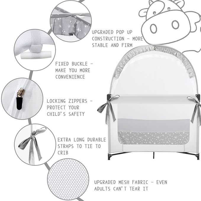 L RUNNZER Pack and Play Tent, Crib Tent to Stop Baby from Climbing Out, Baby Safety Tent Cover for Pack N Play, Mini Cribs & Playpen, Pop Up Crib Net Against Falls (39.6" L x 27.6" W x 49.2" H)