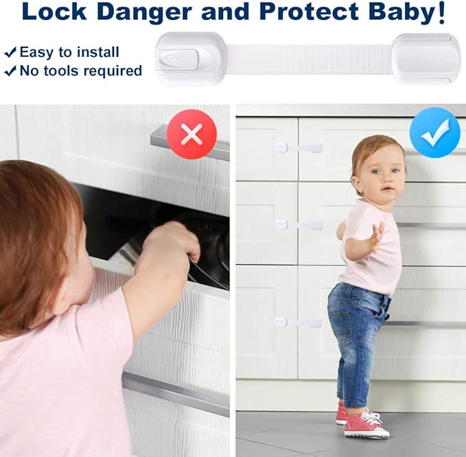 Socub 8 pack Child Safety Cabinets Strap Locks, Multi Use Latch with Strong Adhesive Pads, for Cabinets, Drawers, Oven, Toilet Seat, Fridge