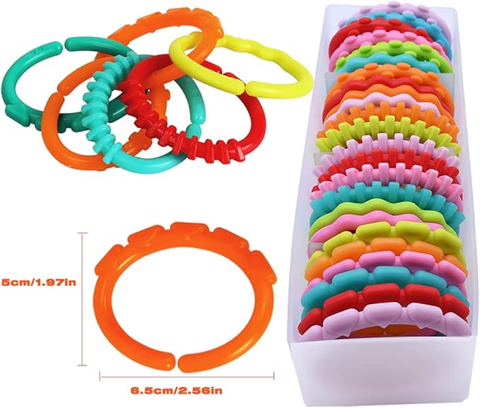 24 Pack Baby Rings Link Toys for Hanging Toy, Connecting Rings Toys for Infant Boy Girl, Early Learning Toys Car Seat and Stroller Travel Accessory Set with Storage Box