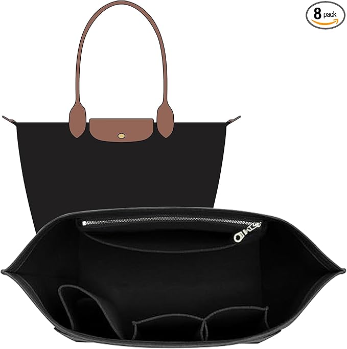 Felt Longchamp Bag Organizer Insert Compatible with Long Champ Le Pliage L Tote Bag & M Handbags, Zipper Purse Organizer Insert with Cup Holder, 8 Compartments, Custom Divider (Black,L)