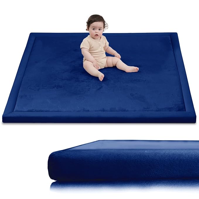 Huloo Sleep Ultra Soft Baby Play Mat for Floor,1.3" Thick Elasti-Foam 47x47 Play Mat for Playpen,Water-Repellent Coral Velvet for Tummy Time, Non-Slip Backing Safe for Toddlers & Infants（Dark Blue）